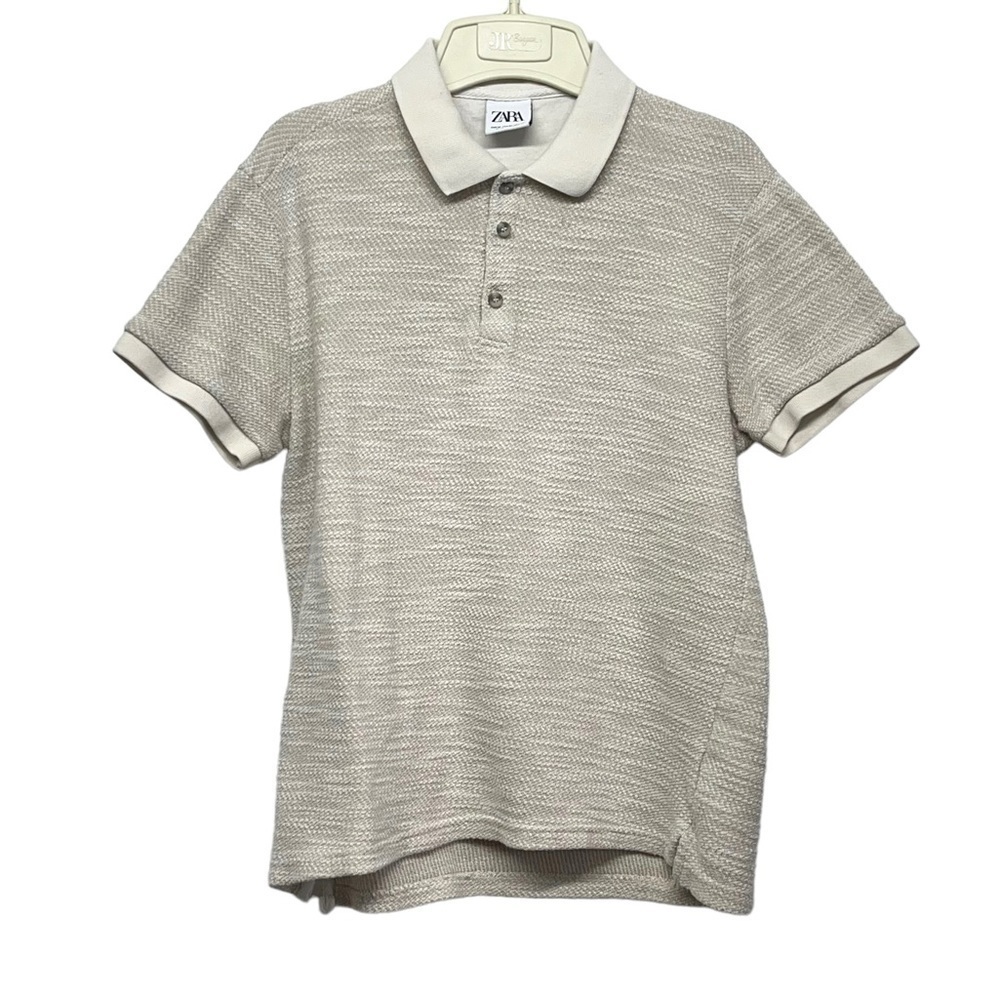Zara Ivory Knit Polo T Shirt Medium Preppy Neutral Travle Vacation Minimalist